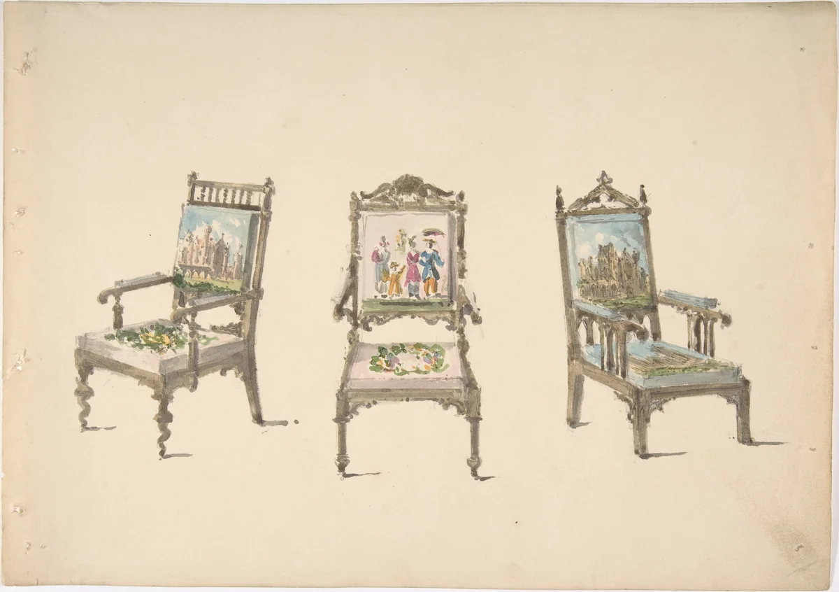 Design for Three Armchairs with Pictorial Upholstery by anonymous, drawing, 1830-1840