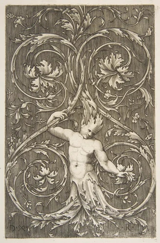 Grotesque with male figure with lower body and head of acanthus scrolls by Marco Dente, print, 1510-1532