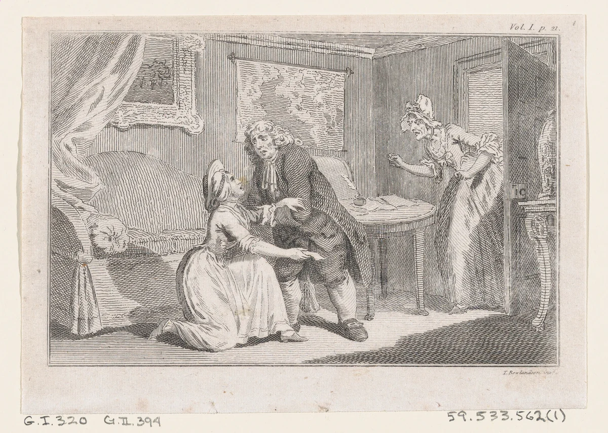 Matthew Bramble Offering Charity to the Ensign's Widow, an illustration from Tobias Smollett's "The Expedition of Humphry Clinker" (London, 1793), Vol. 1 by Charles Grignion, print, 1793