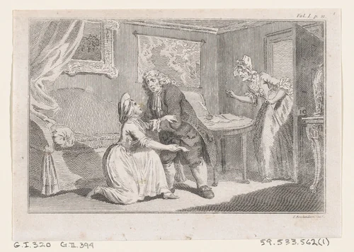 Matthew Bramble Offering Charity to the Ensign's Widow, an illustration from Tobias Smollett's "The Expedition of Humphry Clinker" (London, 1793), Vol. 1 by Charles Grignion, print, 1793
