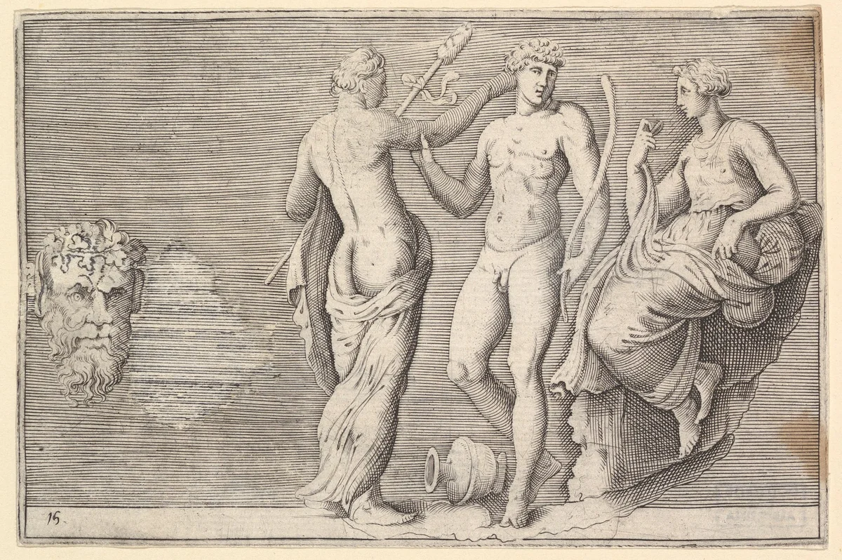 Head of Satyr and Three Figures, from "Ex Antiquis Cameorum et Gemmae Delineata/ Liber Secundus/et ab Enea Vico Parmen Incis" by anonymous, print, 1599-1622