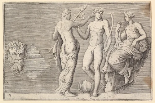 Head of Satyr and Three Figures, from "Ex Antiquis Cameorum et Gemmae Delineata/ Liber Secundus/et ab Enea Vico Parmen Incis" by anonymous, print, 1599-1622