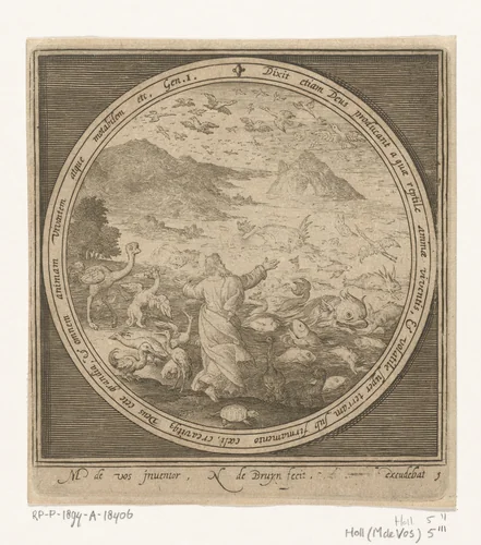 Vijfde dag van schepping: God schept vissen en vogels by Unknown, print, 1581-1656