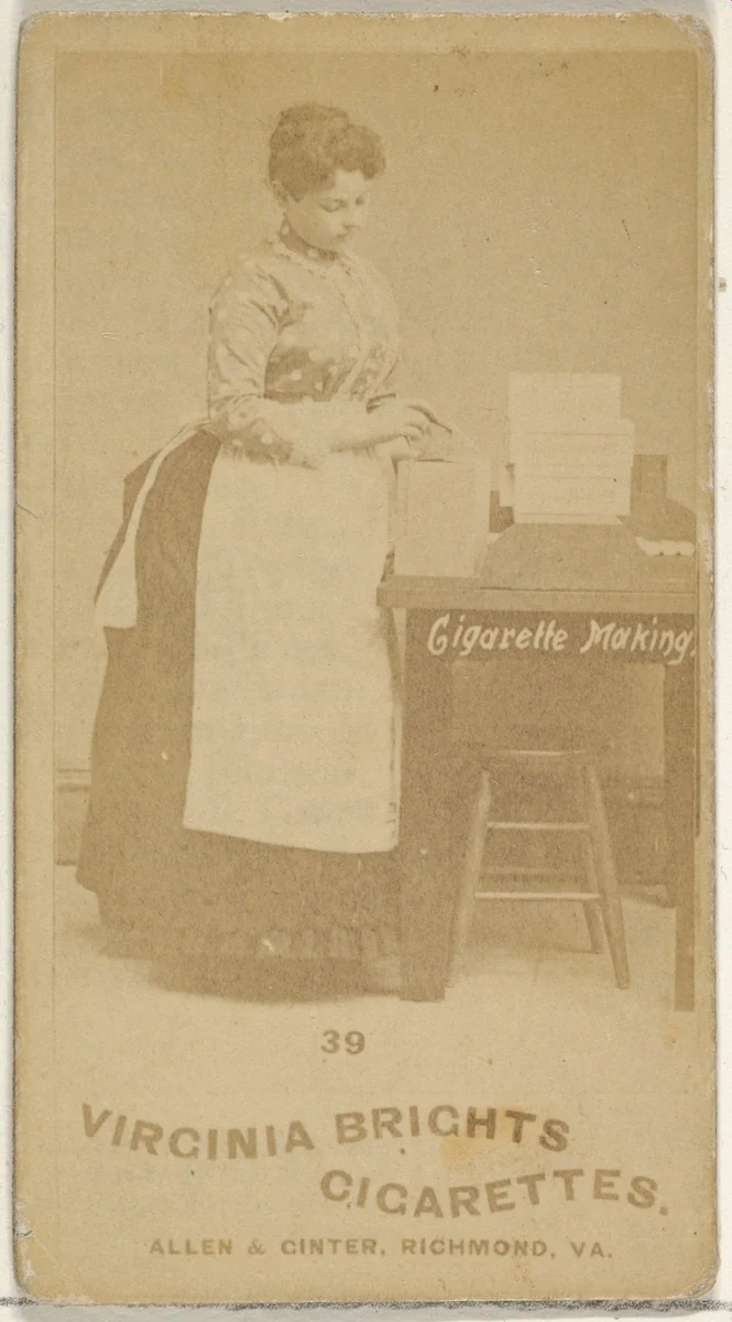 Card 39, from the series, Cigarette Making Girls (N46) for Virginia Brights Cigarettes by Allen & Ginter, photograph, 1888