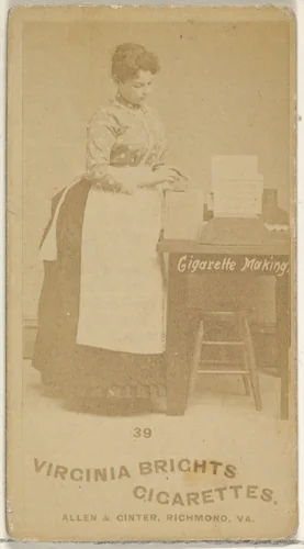 Card 39, from the series, Cigarette Making Girls (N46) for Virginia Brights Cigarettes by Allen & Ginter, photograph, 1888