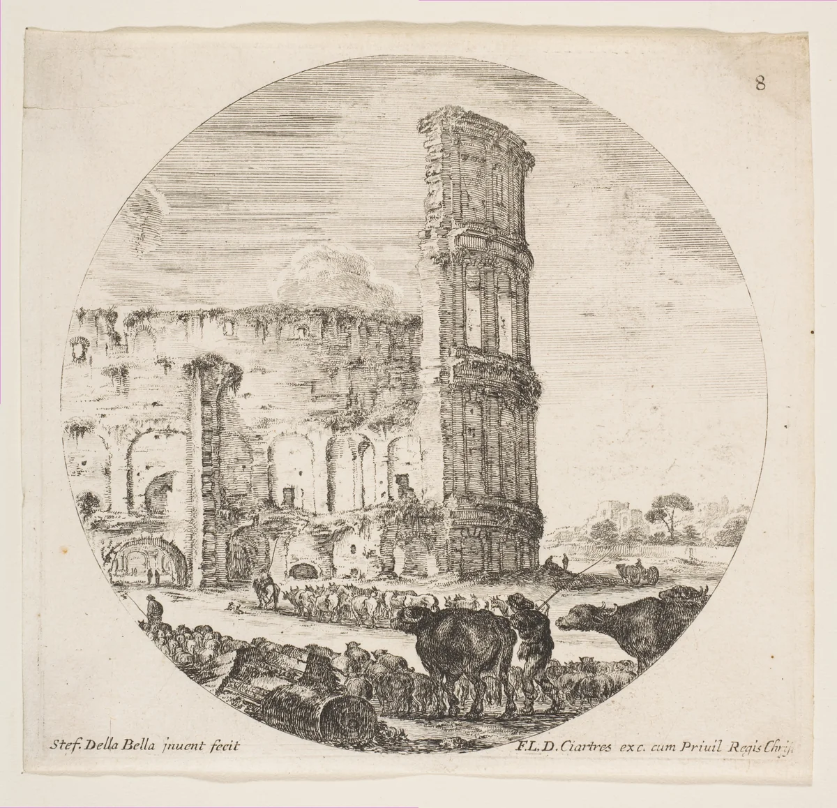 The Colosseum, two herds being directed towards the amphitheater in the foreground, plate 8 from "Roman landscapes and ruins" (Paysages et ruines de Rome) by Stefano della Bella, print, 1641-1651