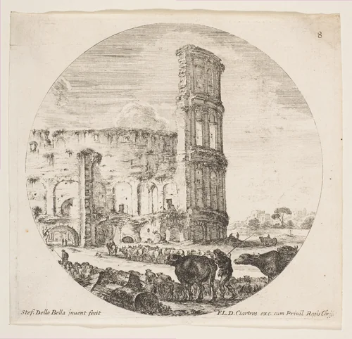 The Colosseum, two herds being directed towards the amphitheater in the foreground, plate 8 from "Roman landscapes and ruins" (Paysages et ruines de Rome) by Stefano della Bella, print, 1641-1651