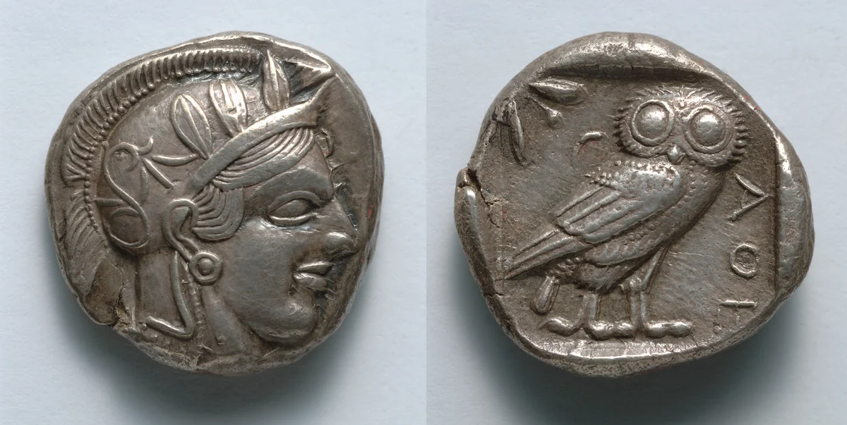 Tetradrachm: Head of Athena (obverse); Owl (reverse) by Unknown, metalwork, -449--407