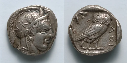 Tetradrachm: Head of Athena (obverse); Owl (reverse) by Unknown, metalwork, -449--407