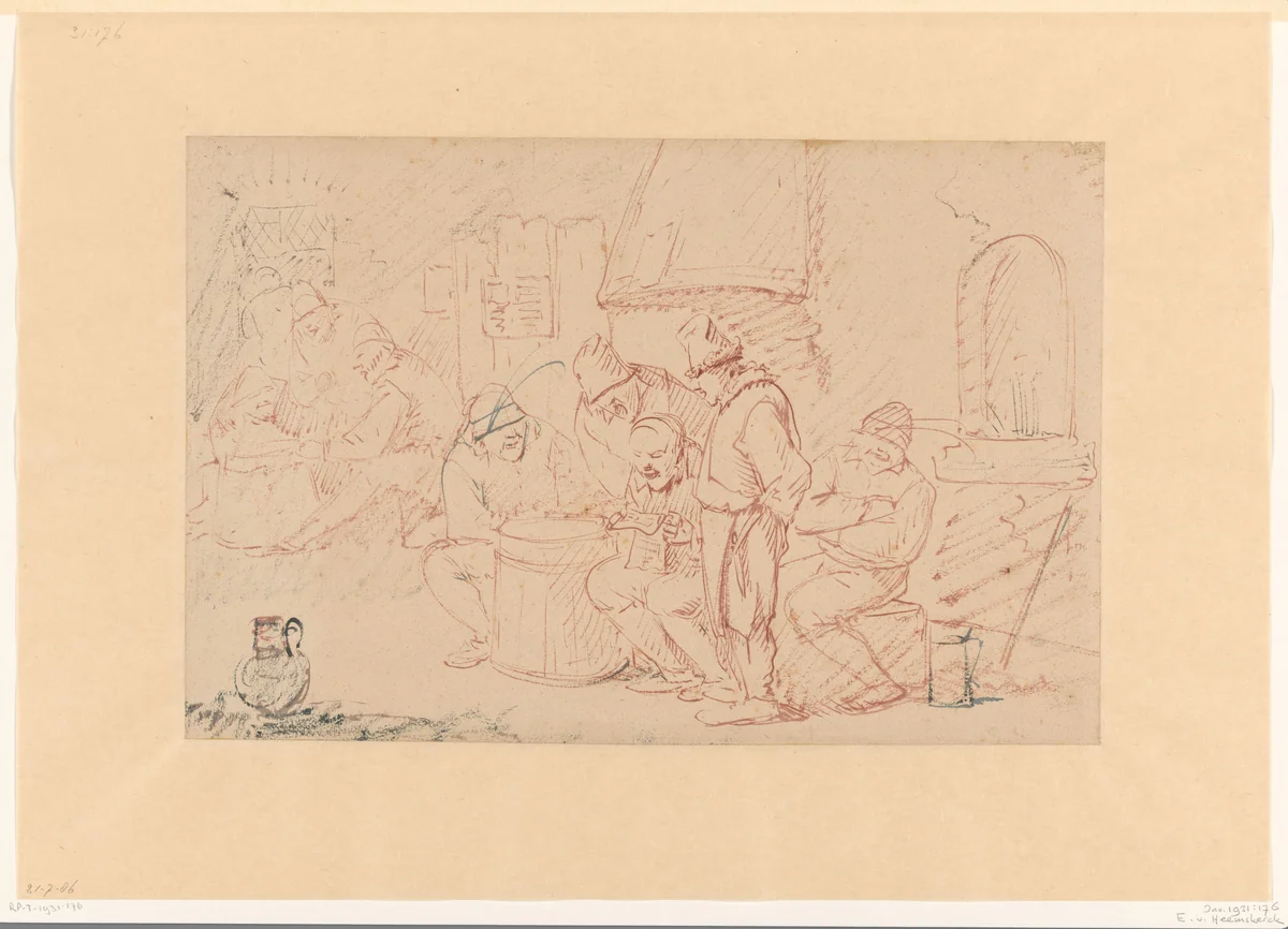 Boerengezelschap by Egbert van Heemskerck, drawing, 1644-1704