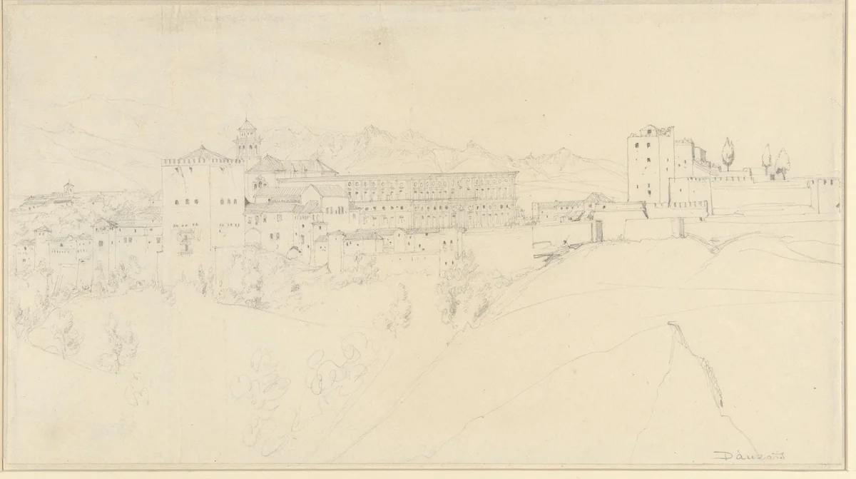 Gezicht op een hooggelegen Italiaanse of Spaanse stad by Adrien Dauzats, drawing, 1814-1868