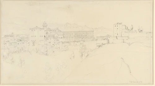 Gezicht op een hooggelegen Italiaanse of Spaanse stad by Adrien Dauzats, drawing, 1814-1868