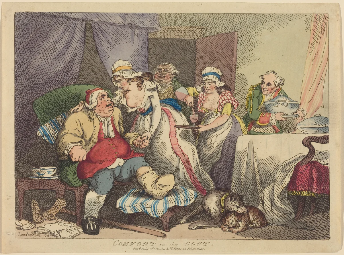 Comfort in the Gout by Thomas Rowlandson, print, 1785