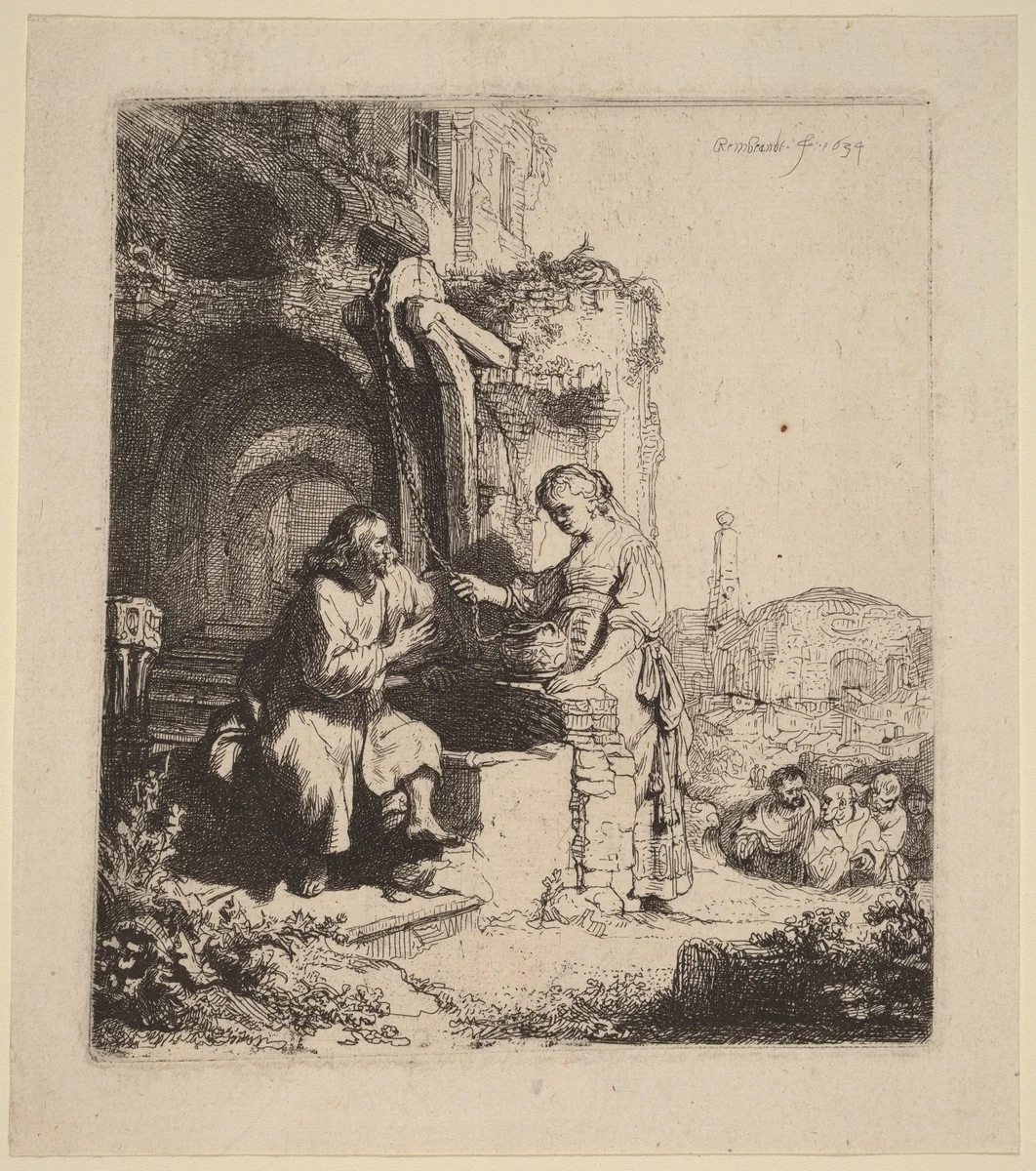 Christ and the Woman of Samaria Among Ruins by Rembrandt van Rijn, print, 1634