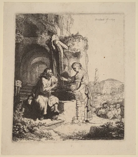 Christ and the Woman of Samaria Among Ruins by Rembrandt van Rijn, print, 1634