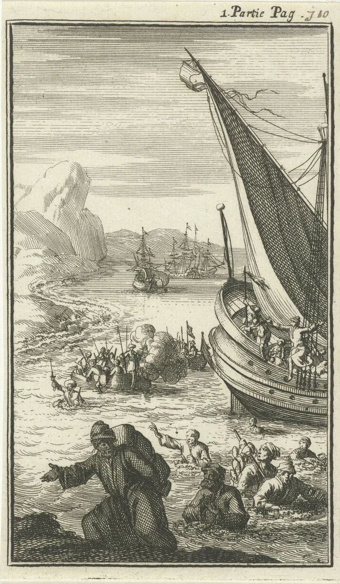 Schip van de schrijver Jean de Thevenot door zeerovers overmeesterd by Jan Luyken, print, 1689