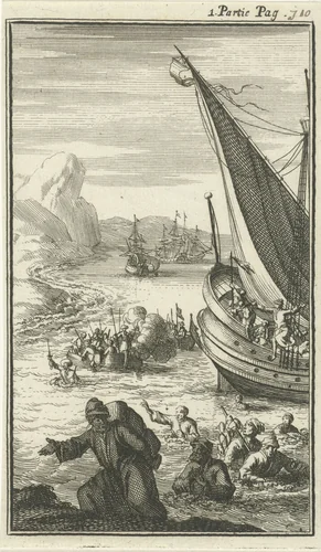 Schip van de schrijver Jean de Thevenot door zeerovers overmeesterd by Jan Luyken, print, 1689