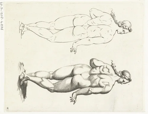 Twee naakte vrouwen by anonymous, print, 1671-1726