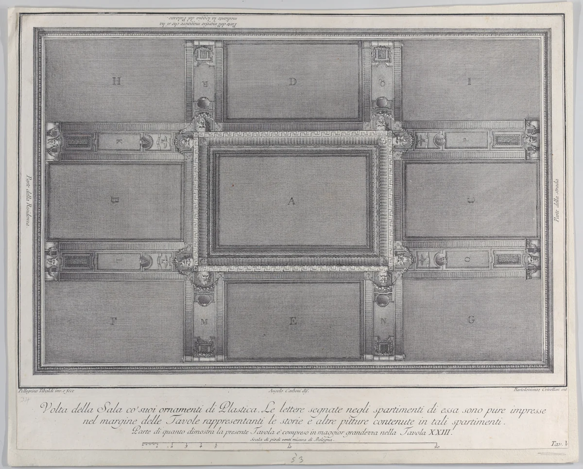 Plate 5: view of the ceiling with its ornaments and frescoed paintings by Bartolomeo Crivellari, print, 1756