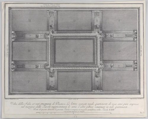 Plate 5: view of the ceiling with its ornaments and frescoed paintings by Bartolomeo Crivellari, print, 1756