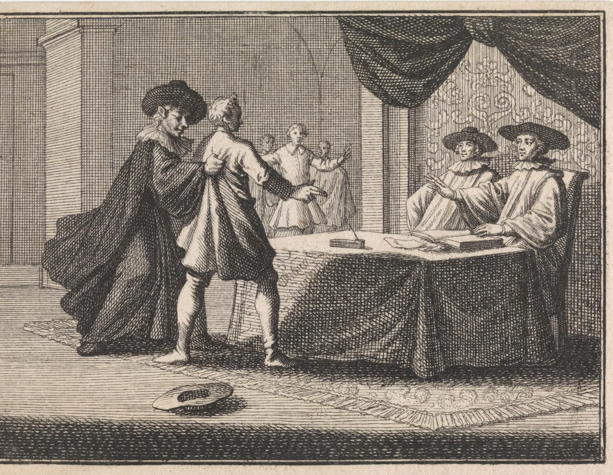 Godslasteraar wordt door de duivel, vermomd als Jood, vastgegrepen by Caspar Luyken, print, 1710