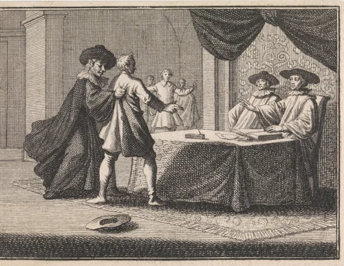 Godslasteraar wordt door de duivel, vermomd als Jood, vastgegrepen by Caspar Luyken, print, 1710