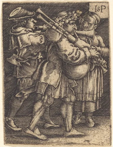 Two Street Players and a Girl by Sebald Beham, print, 1525-1528
