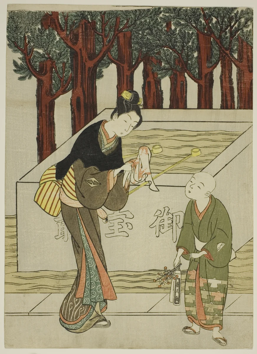 Woman Washing Her Hands before Entering a Shrine by Suzuki Harunobu (鈴木春信), print, 1762-1770