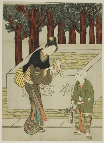 Woman Washing Her Hands before Entering a Shrine by Suzuki Harunobu (鈴木春信), print, 1762-1770