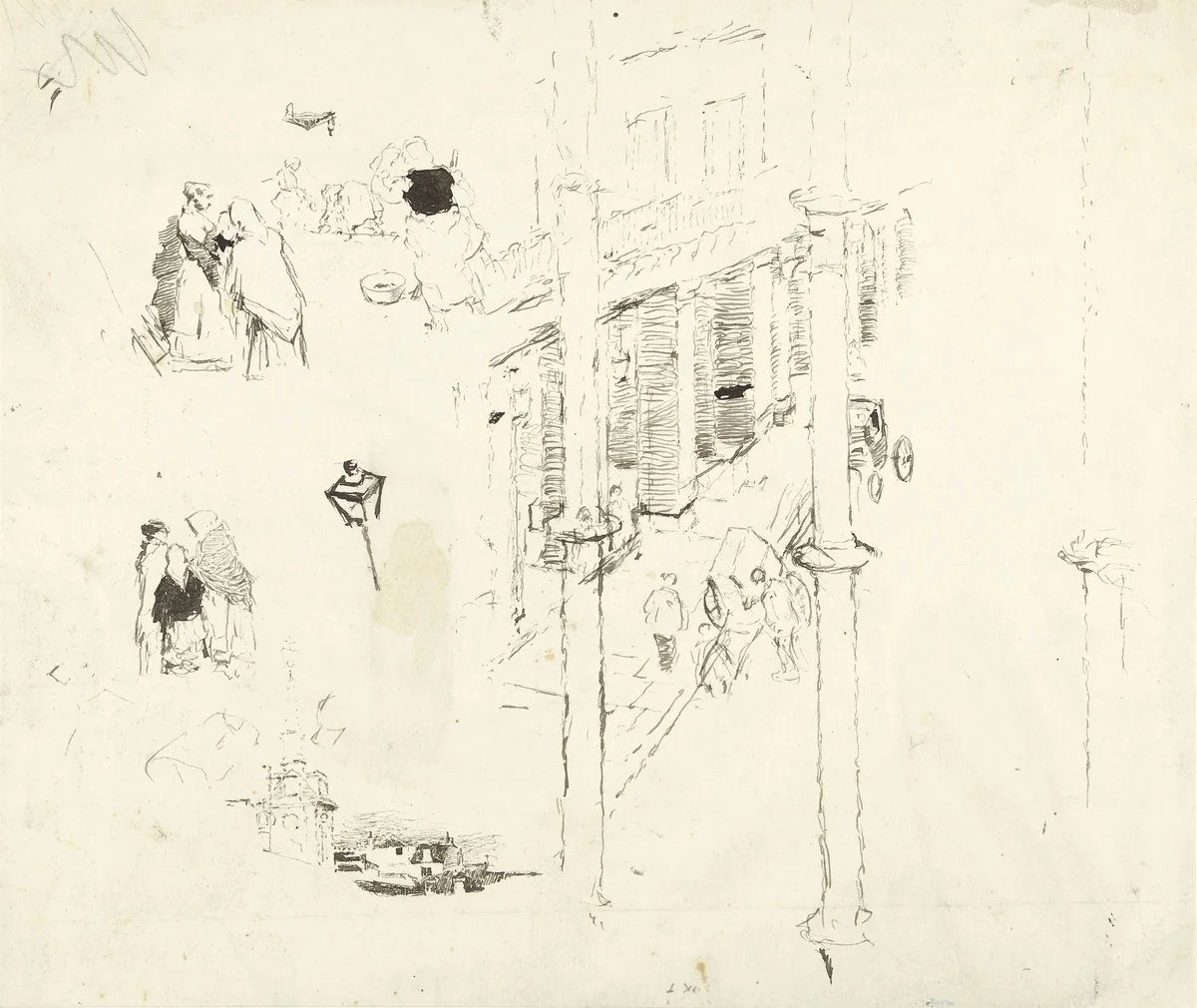 Gezicht in een straat met groepjes vrouwen by Daniel Urrabieta Vierge, drawing, 1861-1904