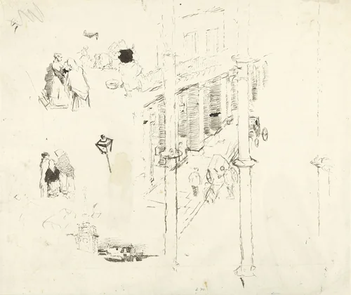 Gezicht in een straat met groepjes vrouwen by Daniel Urrabieta Vierge, drawing, 1861-1904