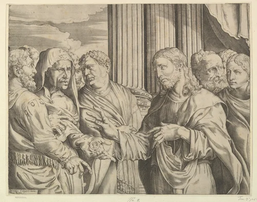 The Triubute Money: Christ at center right gesturing to man at his left with coins in his hand, other figures surrounding them; columns and drapery in the background by Domenico Campagnola, print, 1500-1589