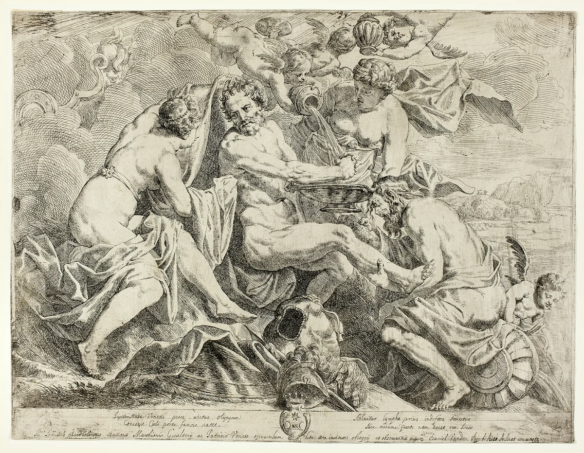 The Deification of Aeneas by Nymphs and Cupids by Daniel van den Dyck, print, 1640-1657