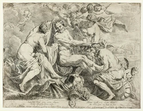 The Deification of Aeneas by Nymphs and Cupids by Daniel van den Dyck, print, 1640-1657