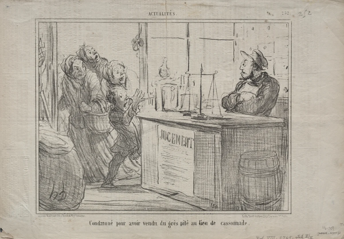 Convicted for having sold crushed sandstone instead of brown sugar by Honoré Daumier, print, 1855