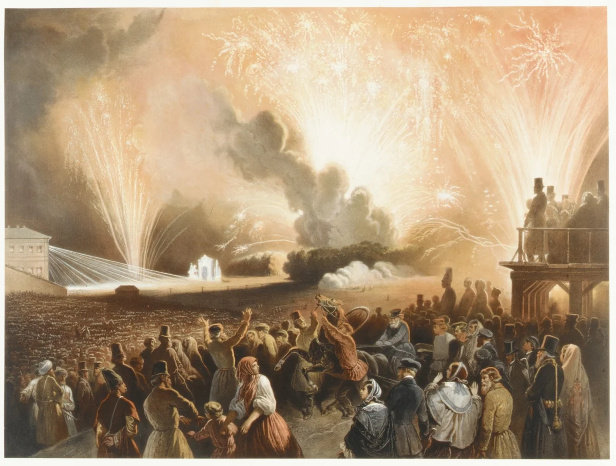 Coronation of Alexander II, Moscow, September 17, 1856: Fireworks Display before the Cadets' Building by Achille-Isidore Gilbert, print, 1856