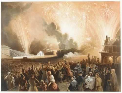 Coronation of Alexander II, Moscow, September 17, 1856: Fireworks Display before the Cadets' Building by Achille-Isidore Gilbert, print, 1856