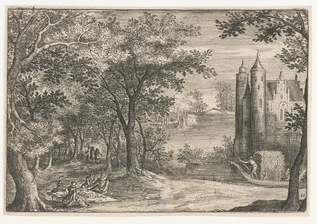 Picknick aan de bosrand bij een kasteel by anonymous, print, 1575-1650
