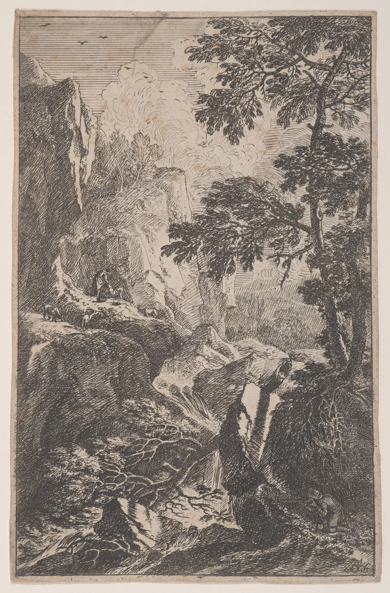 Plate 2: a hunter aiming with his gun, kneeling next to a large rock at right, a male figure with three chamois on a rock at left, from 'Landscapes in the manner of Salvator Rosa' (Die Landschaften in Sal. Rosa's) by Franz Joachim Beich, print, 1695-1730