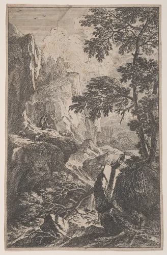 Plate 2: a hunter aiming with his gun, kneeling next to a large rock at right, a male figure with three chamois on a rock at left, from 'Landscapes in the manner of Salvator Rosa' (Die Landschaften in Sal. Rosa's) by Franz Joachim Beich, print, 1695-1730