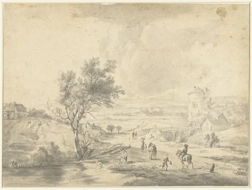 Landscape with Bathers, a Rider and Travellers near a Village with a Round Tower by anonymous, drawing, 1699-1799