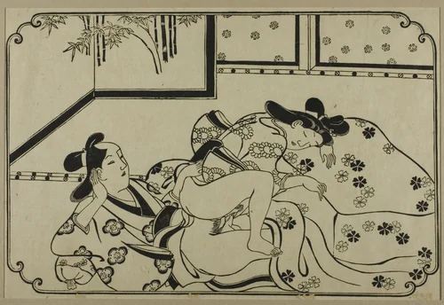 A sheet from a shunga album by Hishikawa Moronobu (菱川師宣), print, 1625-1694