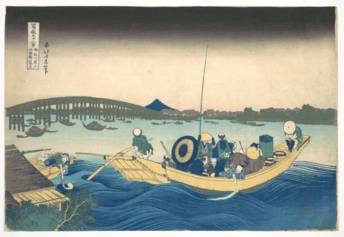 Viewing the Sunset over Ryōgoku Bridge from the Onmaya Embankment (Onmayagashi yori Ryōgokubashi sekiyō o miru), from the series Thirty-six Views of Mount Fuji (Fugaku sanjūrokkei) by Katsushika Hokusai (葛飾 北斎), print, 1823-1843