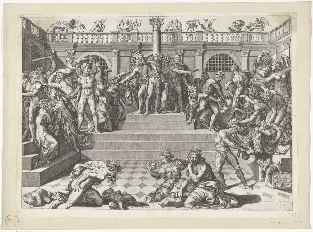 Kindermoord te Betlehem by Marco Dente, print, 1427-1527