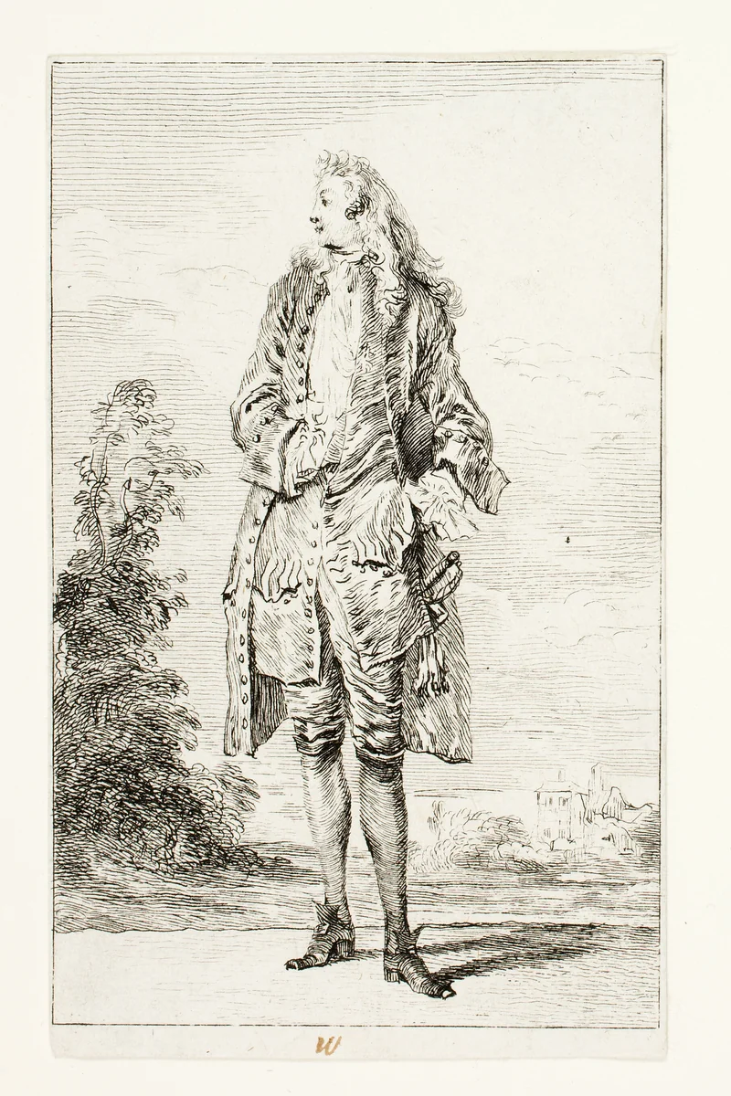 Standing Man with Hand in Vest, from Figures de Modes by Jean-Antoine Watteau, print, 1705-1715