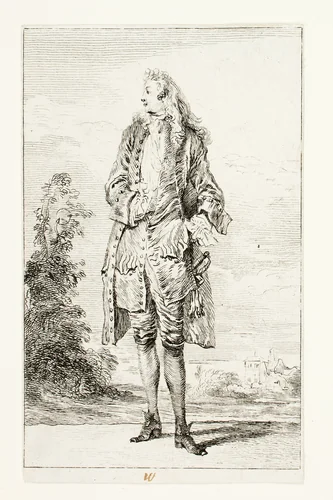 Standing Man with Hand in Vest, from Figures de Modes by Jean-Antoine Watteau, print, 1705-1715
