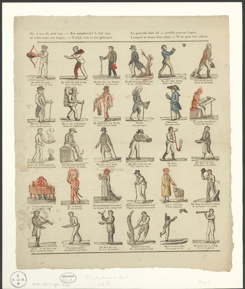 Mannen die spreekwoorden uitbeelden by anonymous, print, 1800-1854