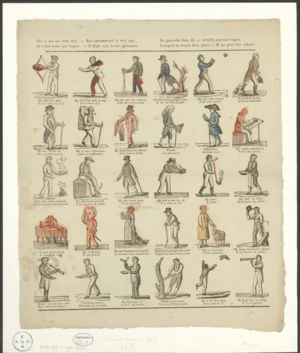 Mannen die spreekwoorden uitbeelden by anonymous, print, 1800-1854