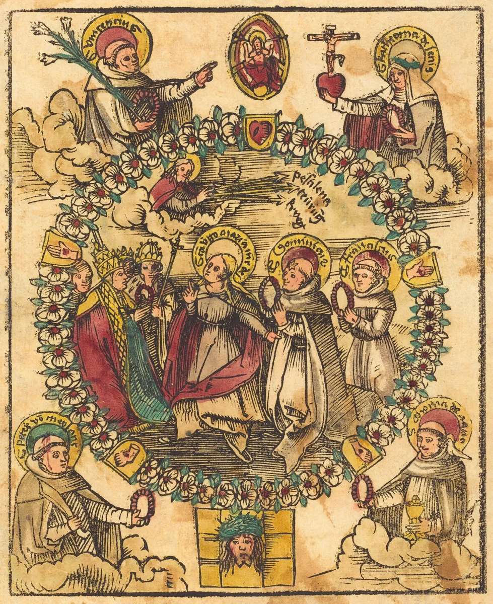 Madonna in a Rosary with Saints by German 15th Century, print, 1500