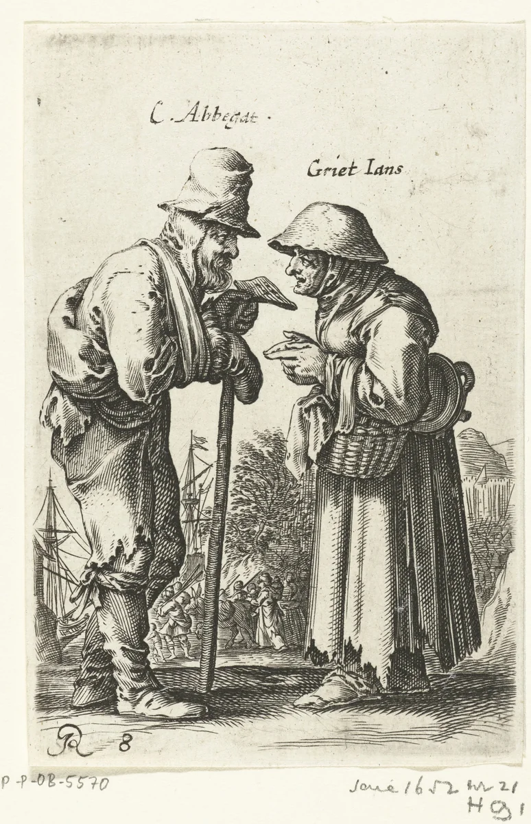Twee oude bedelaars met elkaar in gesprek by Salomon Savery, print, 1638-1665